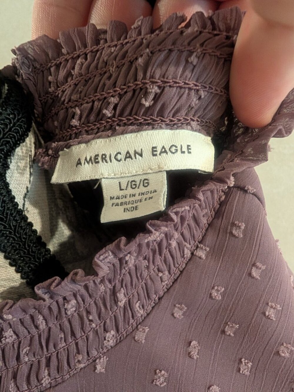 American Eagle Mauve Swiss Dot Smocked Tiered Mini Dress Women Large Boho - Picture 6 of 7